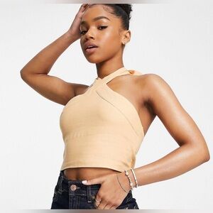 Abercrombie & Fitch Linen Blend Tie Neck Halter Top with Smocked Back